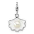 Amore La Vita Sterling Silver Rhodium-plated Polished 3-D Enameled Shell with a Freshwater Cultured Pearl Charm with Fancy Lobster Clasp, 33 x 14 mm