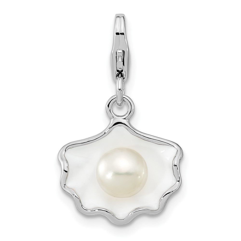 Amore La Vita Sterling Silver Rhodium-plated Polished 3-D Enameled Shell with a Freshwater Cultured Pearl Charm with Fancy Lobster Clasp, 33 x 14 mm