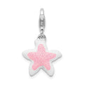 Amore La Vita Sterling Silver Rhodium-plated Enameled Pink Sparkle Starfish Charm with Fancy Lobster Clasp, 33 x 15 mm