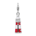 Amore La Vita Sterling Silver Rhodium-plated Polished 3-D Red Enameled Crystal Lighthouse Charm with Fancy Lobster Clasp, 39 x 7 mm