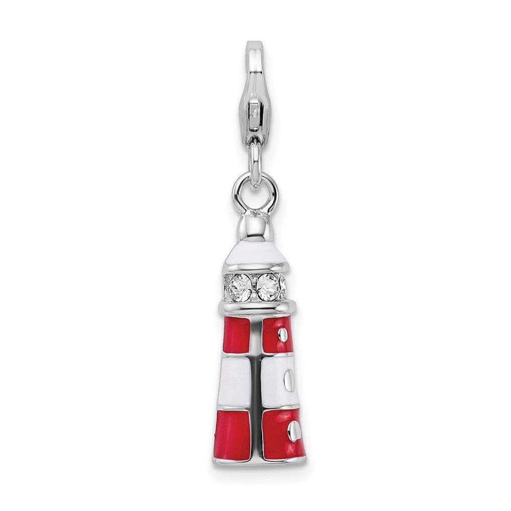 Amore La Vita Sterling Silver Rhodium-plated Polished 3-D Red Enameled Crystal Lighthouse Charm with Fancy Lobster Clasp, 39 x 7 mm