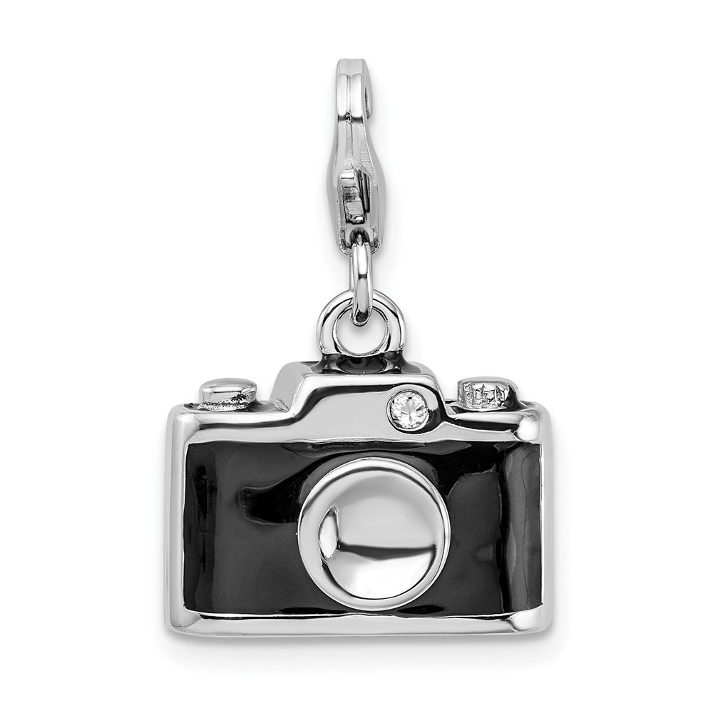 Amore La Vita Sterling Silver Rhodium-plated Polished 3-D Enameled Crystal Camera Charm with Fancy Lobster Clasp, 33 x 15 mm