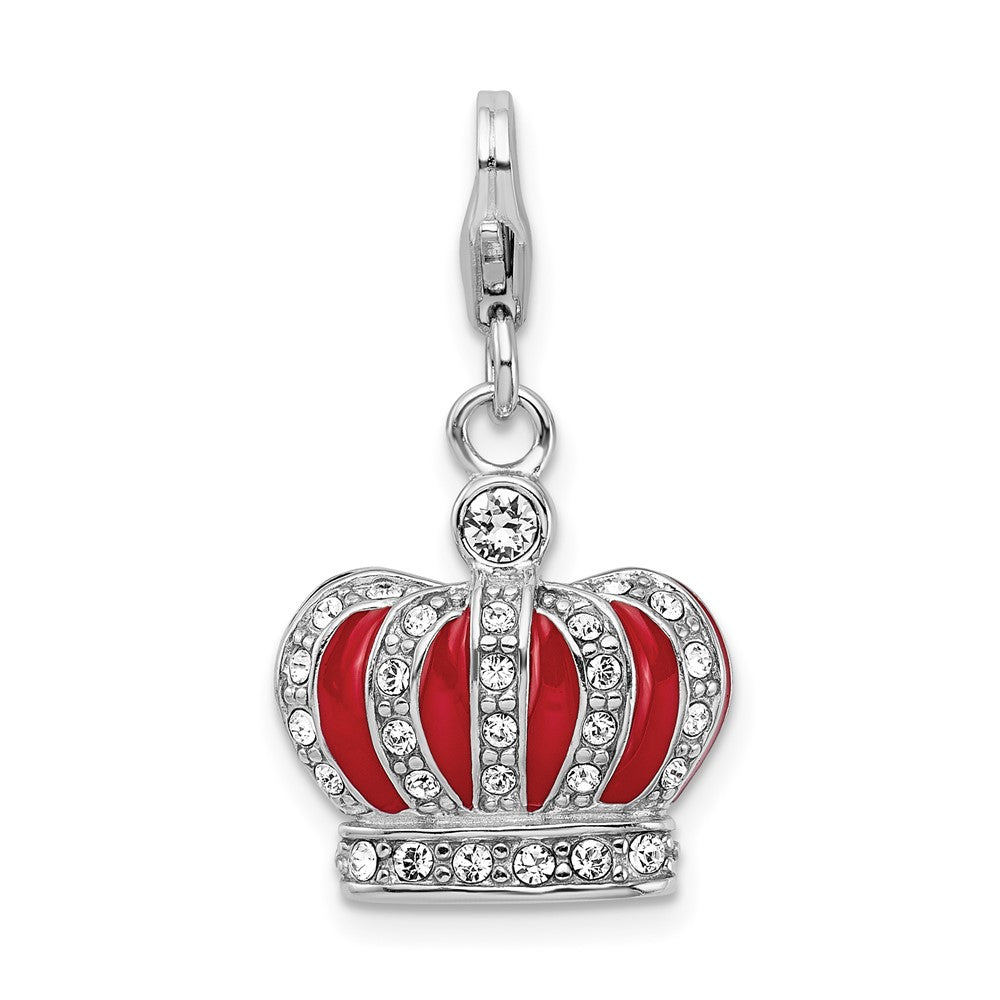 Amore La Vita Sterling Silver Rhodium-plated Polished 3-D Crystal and Red Enameled Crown Charm with Fancy Lobster Clasp, 35 x 15 mm