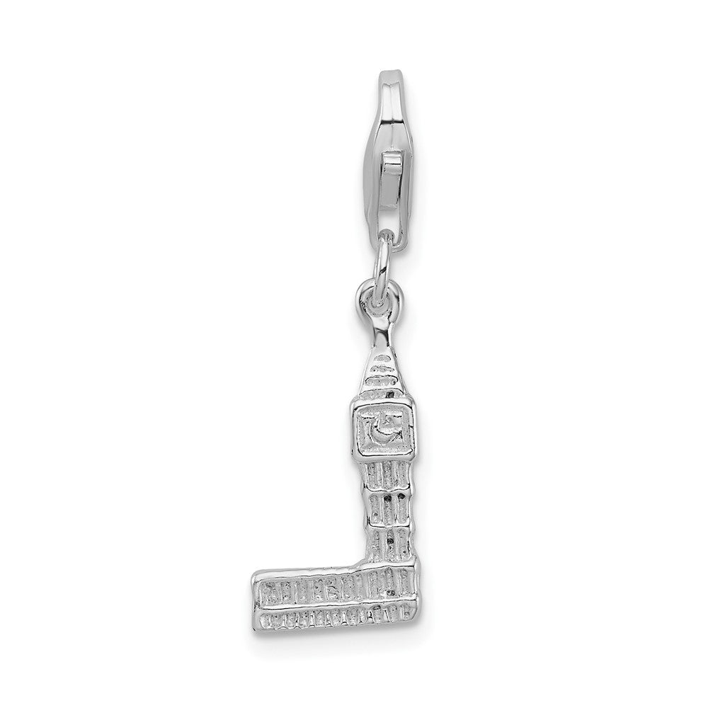 Amore La Vita Sterling Silver Rhodium-plated Polished 3-D Polished Big Ben Charm with Fancy Lobster Clasp, 41 x 11 mm
