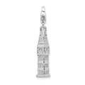 Amore La Vita Sterling Silver Rhodium-plated Polished 3-D Polished Clock Tower Charm with Fancy Lobster Clasp, 43 x 7 mm