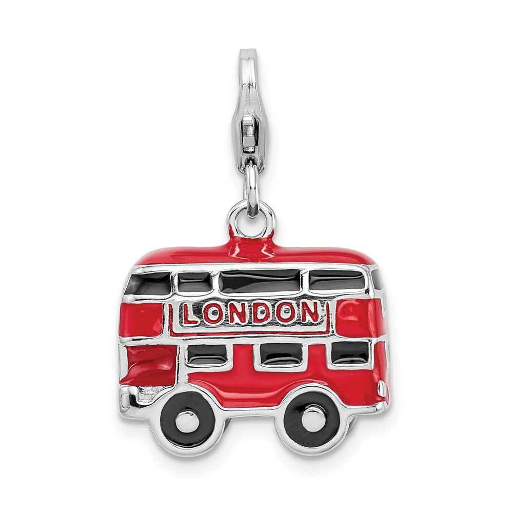 Amore La Vita Sterling Silver Rhodium-plated Polished 3-D Enameled Double Decker London Bus Charm with Fancy Lobster Clasp, 36 x 18 mm