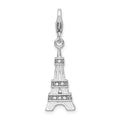 Amore La Vita Sterling Silver Rhodium-plated Polished 3-D Enameled Crystal Eiffel Tower Charm with Fancy Lobster Clasp, 41 x 12 mm