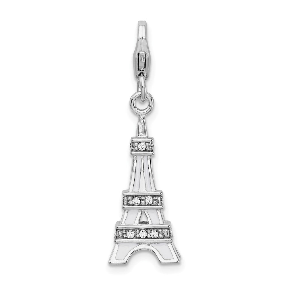 Amore La Vita Sterling Silver Rhodium-plated Polished 3-D Enameled Crystal Eiffel Tower Charm with Fancy Lobster Clasp, 41 x 12 mm