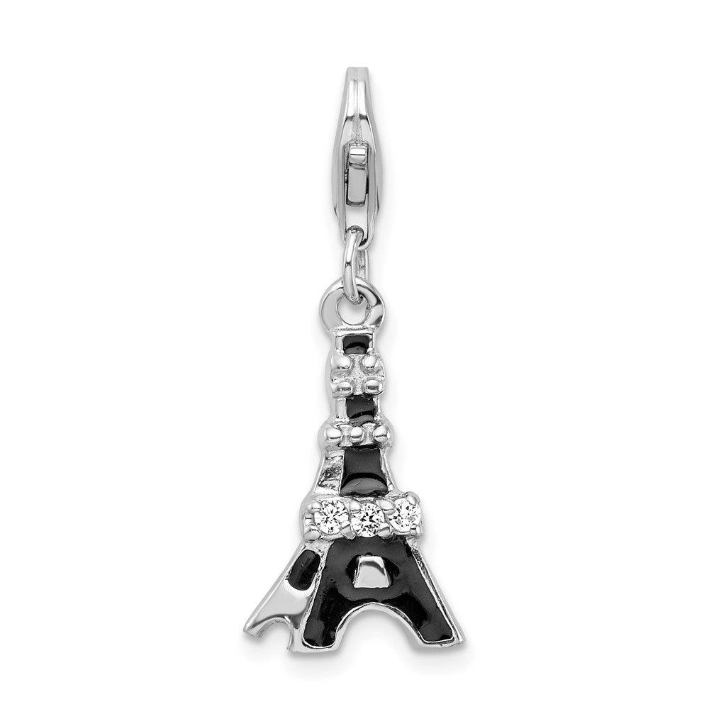 Amore La Vita Sterling Silver Rhodium-plated Polished Black Enameled CZ Eiffel Tower Charm with Fancy Lobster Clasp, 39 x 11 mm