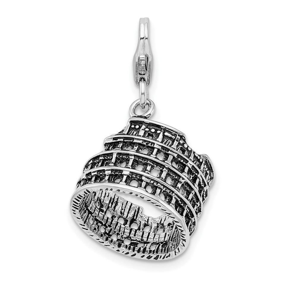 Amore La Vita Sterling Silver Rhodium-plated Polished 3-D Antiqued Coliseum Charm with Fancy Lobster Clasp, 38 x 17 mm