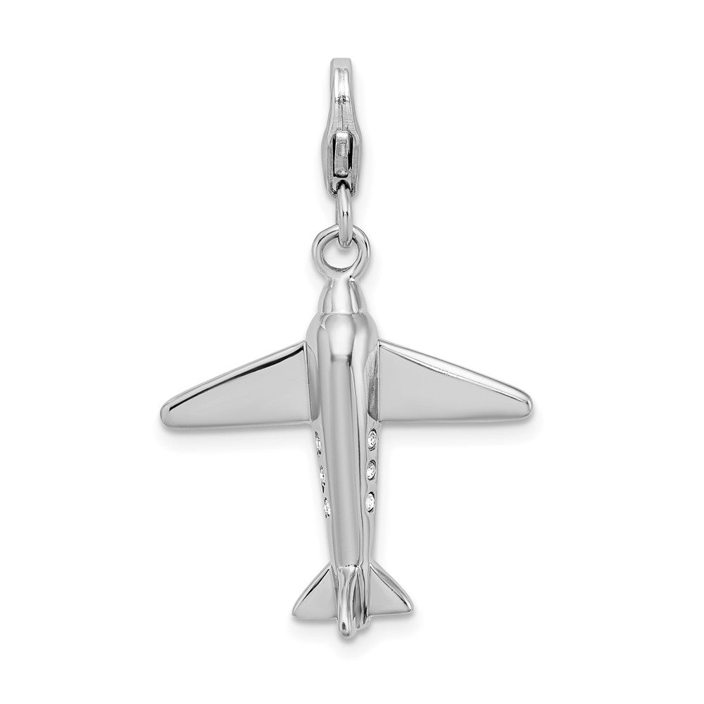 Amore La Vita Sterling Silver Rhodium-plated Polished 3-D Crystal Airplane Charm with Fancy Lobster Clasp, 42 x 22 mm