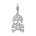 Amore La Vita Sterling Silver Rhodium-plated Polished CZ Skull and Cross Bones Charm with Fancy Lobster Clasp, 39 x 14 mm