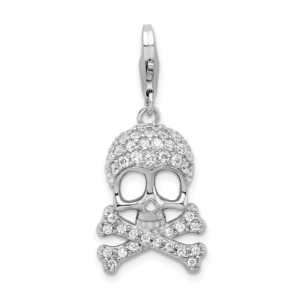 Amore La Vita Sterling Silver Rhodium-plated Polished CZ Skull and Cross Bones Charm with Fancy Lobster Clasp, 39 x 14 mm