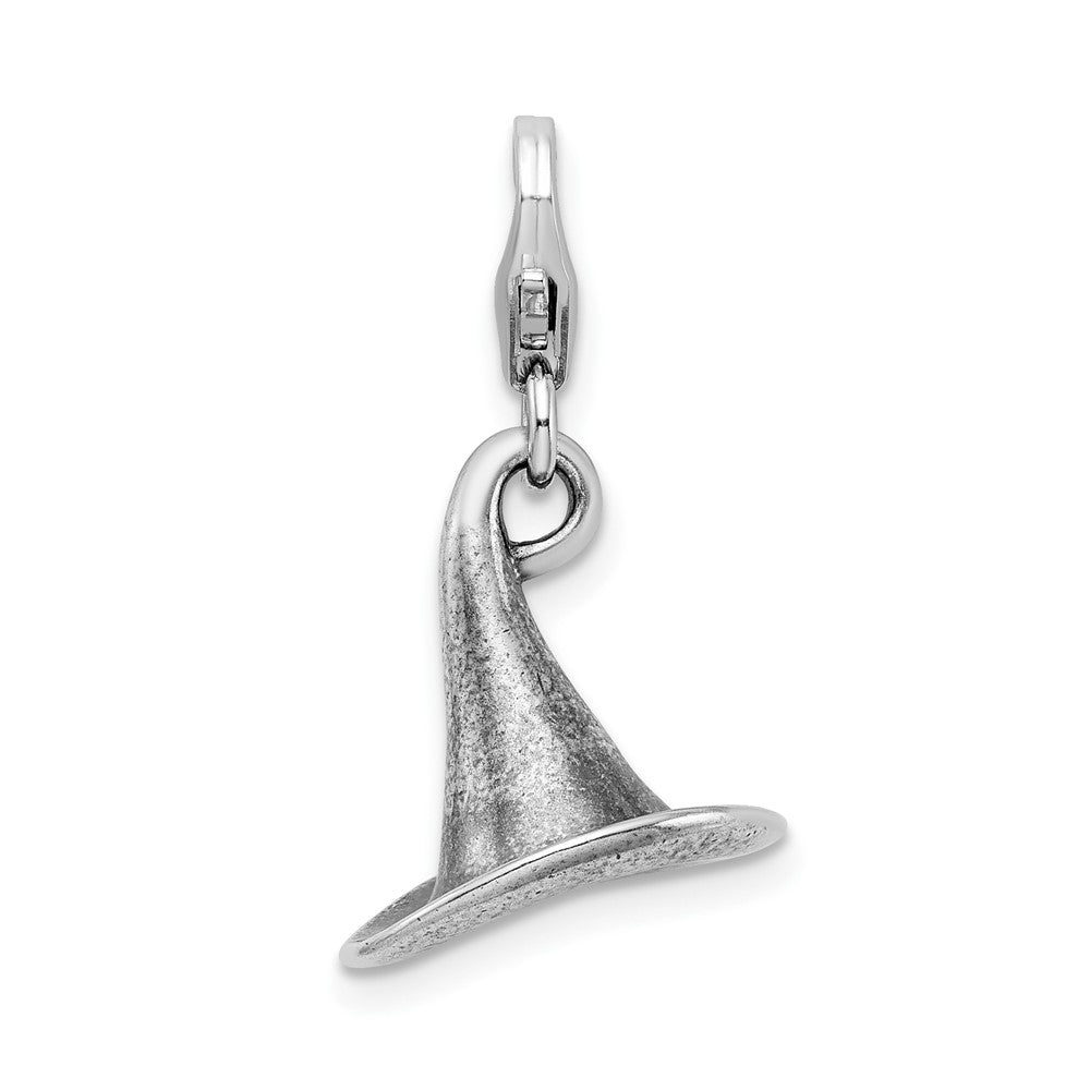 Amore La Vita Sterling Silver Rhodium-plated Polished 3-D Antiqued Witches Hat Charm with Fancy Lobster Clasp, 32 x 13 mm
