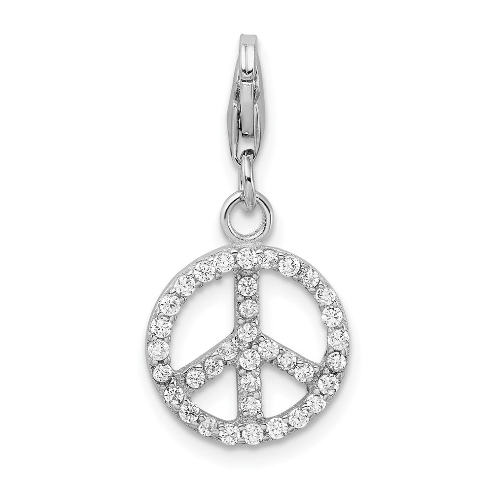 Amore La Vita Sterling Silver Rhodium-plated Polished CZ Peace Sign Charm with Fancy Lobster Clasp, 33 x 12 mm