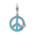 Amore La Vita Sterling Silver Rhodium-plated Polished Enameled Peace Sign with Dragonfly Charm with Fancy Lobster Clasp, 37 x 17 mm
