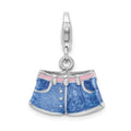 Amore La Vita Sterling Silver Rhodium-plated Polished 3-D Enameled Blue Jean Shorts Charm with Fancy Lobster Clasp, 33 x 17 mm