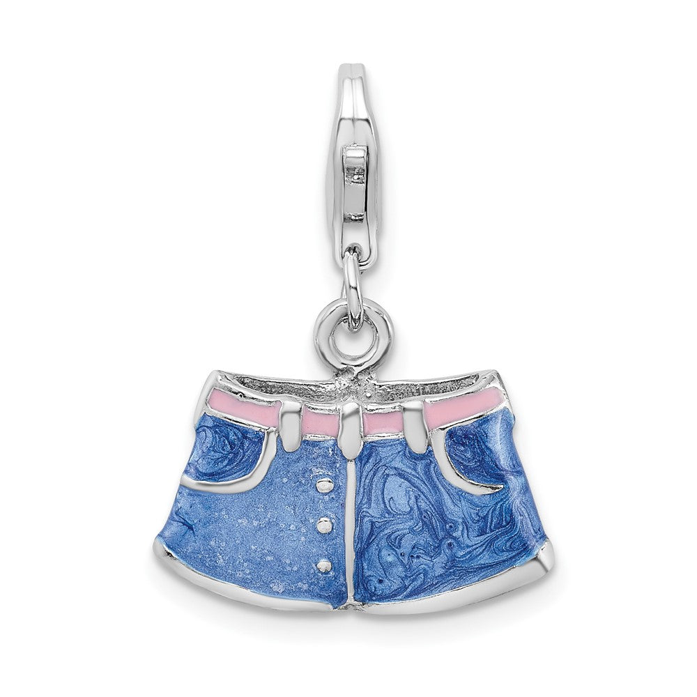 Amore La Vita Sterling Silver Rhodium-plated Polished 3-D Enameled Blue Jean Shorts Charm with Fancy Lobster Clasp, 33 x 17 mm