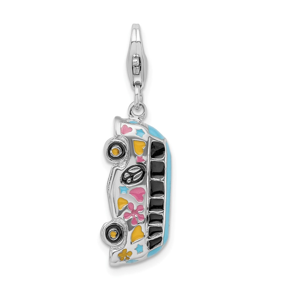 Amore La Vita Sterling Silver Rhodium-plated Polished 3-D Enameled Hippie Bus Charm with Fancy Lobster Clasp, 42 x 11 mm