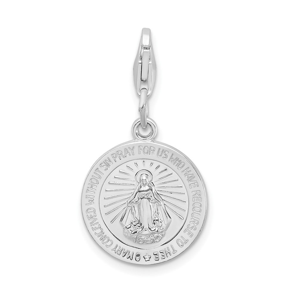 Amore La Vita Sterling Silver Rhodium-plated Polished Miraculous Medal Charm with Fancy Lobster Clasp, 37 x 15 mm