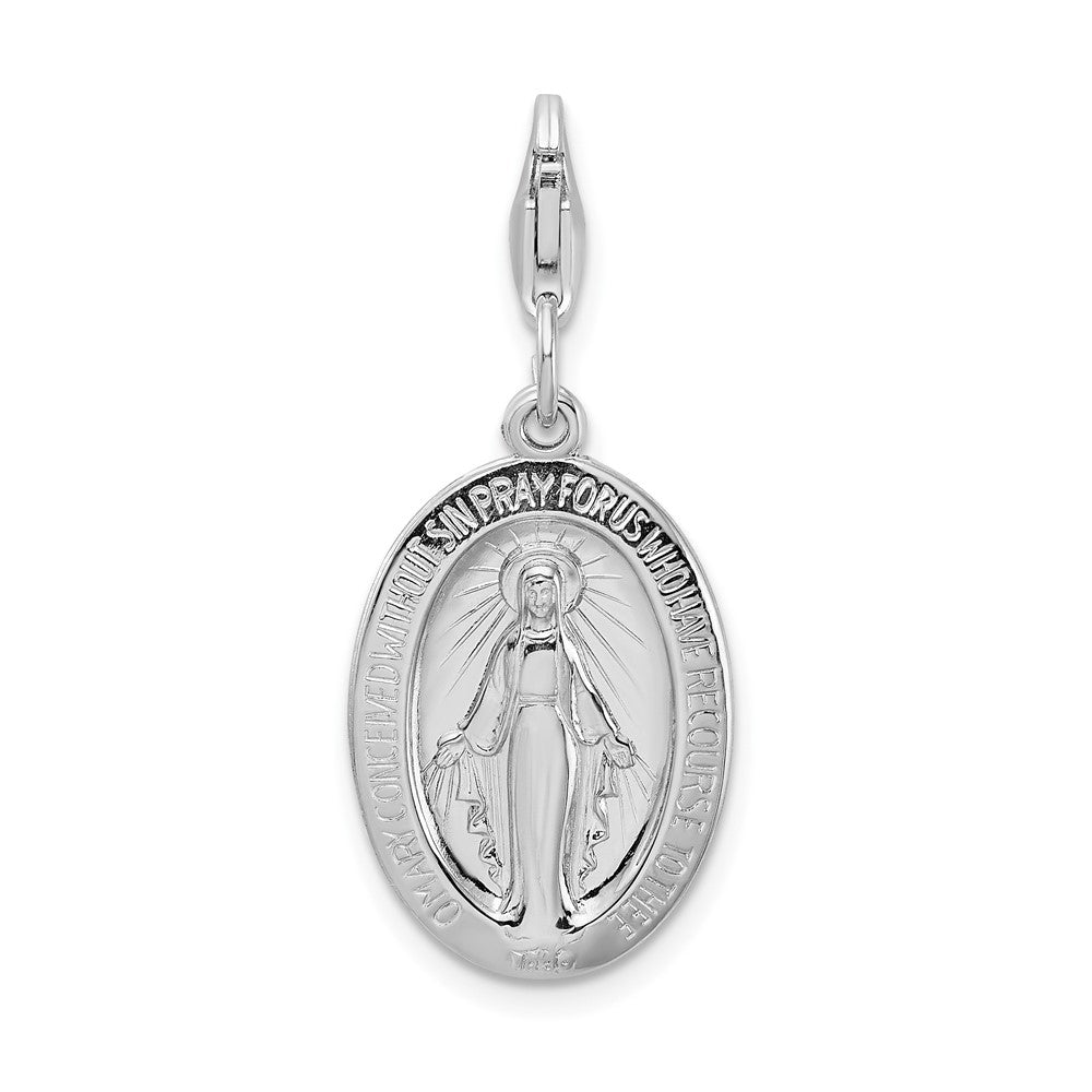 Amore La Vita Sterling Silver Rhodium-plated Polished Miraculous Medal Charm with Fancy Lobster Clasp, 40 x 13 mm
