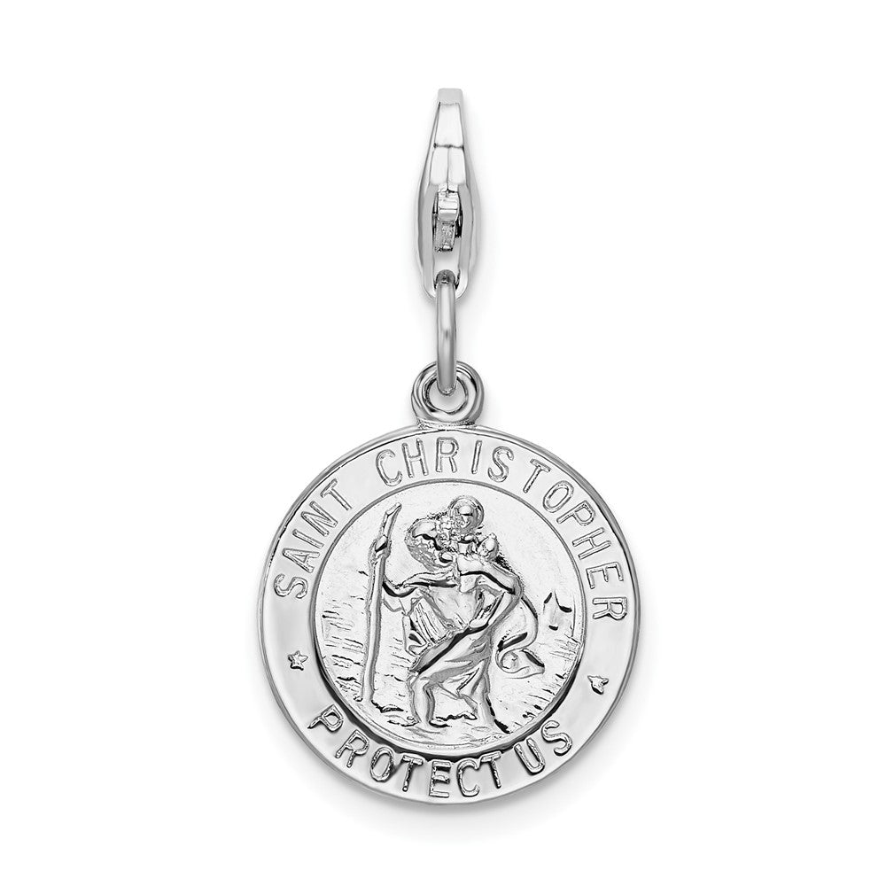 Amore La Vita Sterling Silver Rhodium-plated Polished Saint Christopher Medal Charm with Fancy Lobster Clasp, 37 x 14 mm