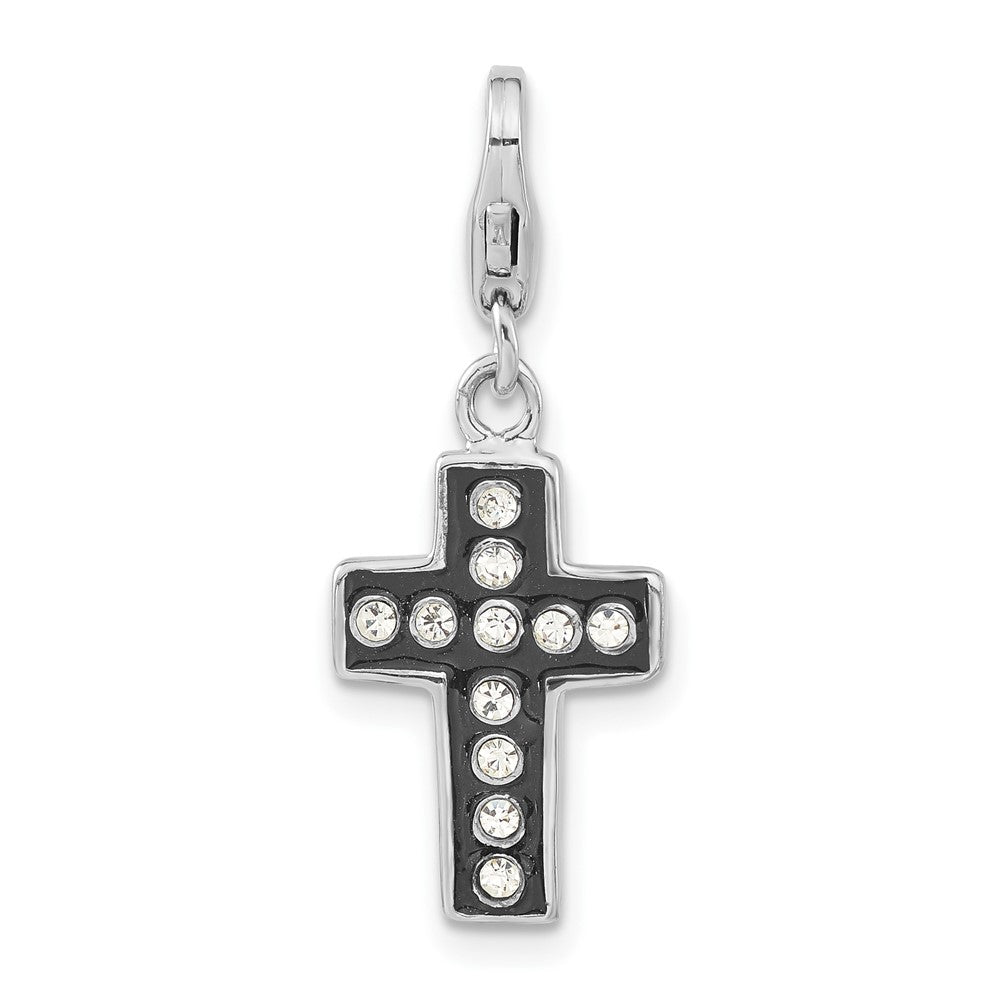 Sterling Silver Crystal & Enamel Cross w/Lobster Clasp Charm, 27.6 x 10.85 mm