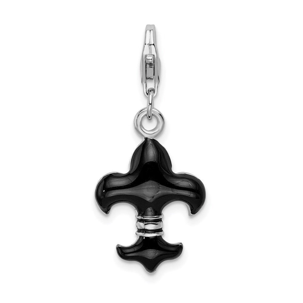 SS RH Black Enameled Fleur de Lis w/Lobster Clasp Charm, 39 x 14 mm