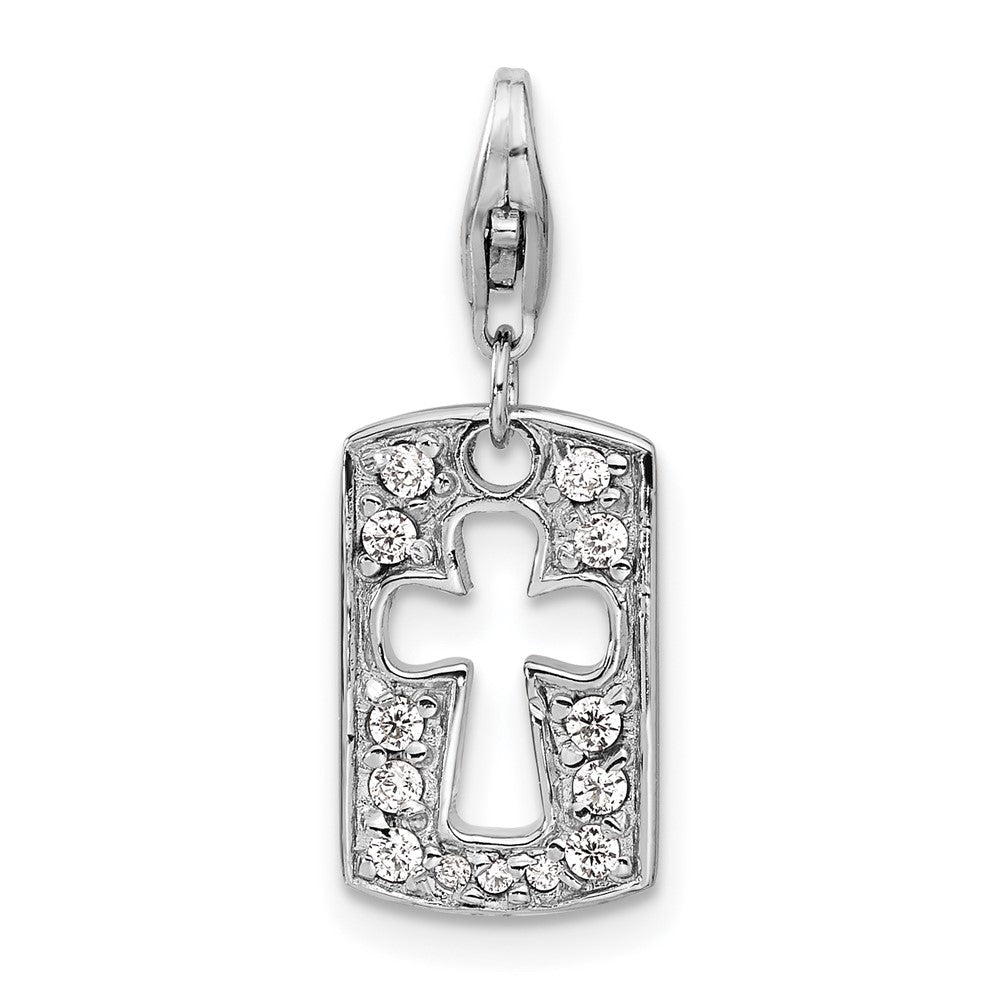 Amore La Vita Sterling Silver Rhodium-plated Polished Reversible CZ Cut-out Cross Faith Clip-on Charm with Fancy Lobster Clasp, 36 x 9 mm