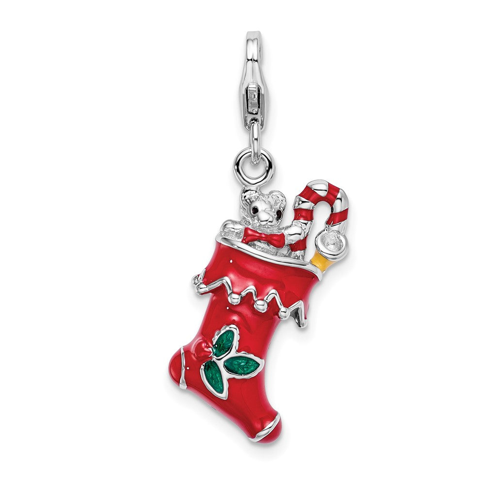 Amore La Vita Sterling Silver Rhodium-plated Polished 3-D Red Enameled Holiday Stocking Charm with Fancy Lobster Clasp, 41 x 15 mm