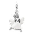 Amore La Vita Sterling Silver Rhodium-plated Polished 3-D White Enameled Crystal Angel Charm with Fancy Lobster Clasp, 42 x 17 mm
