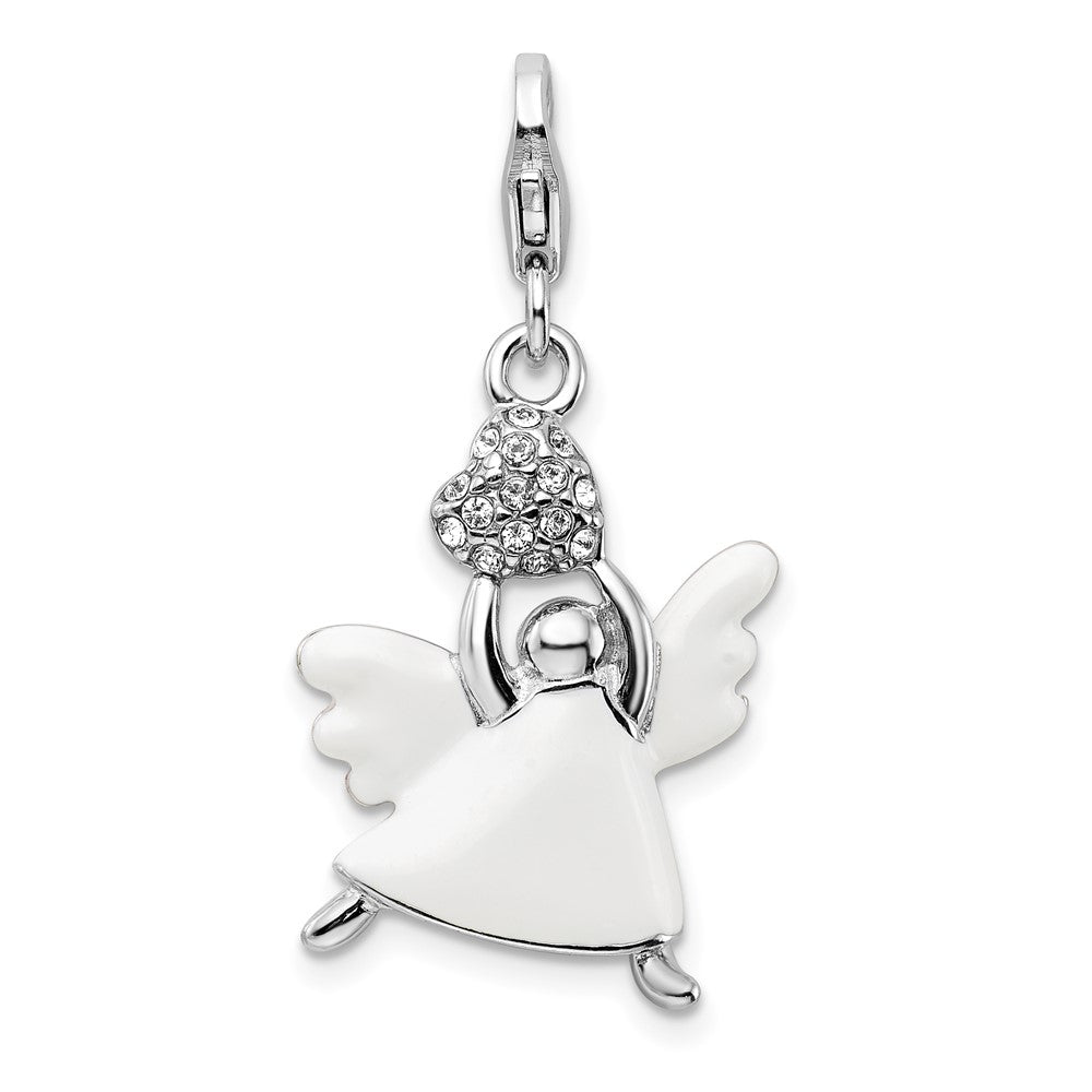 Amore La Vita Sterling Silver Rhodium-plated Polished 3-D White Enameled Crystal Angel Charm with Fancy Lobster Clasp, 42 x 17 mm