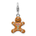Amore La Vita Sterling Silver Rhodium-plated Polished 3-D Enameled Gingerbread Cookie Charm with Fancy Lobster Clasp, 35 x 12 mm