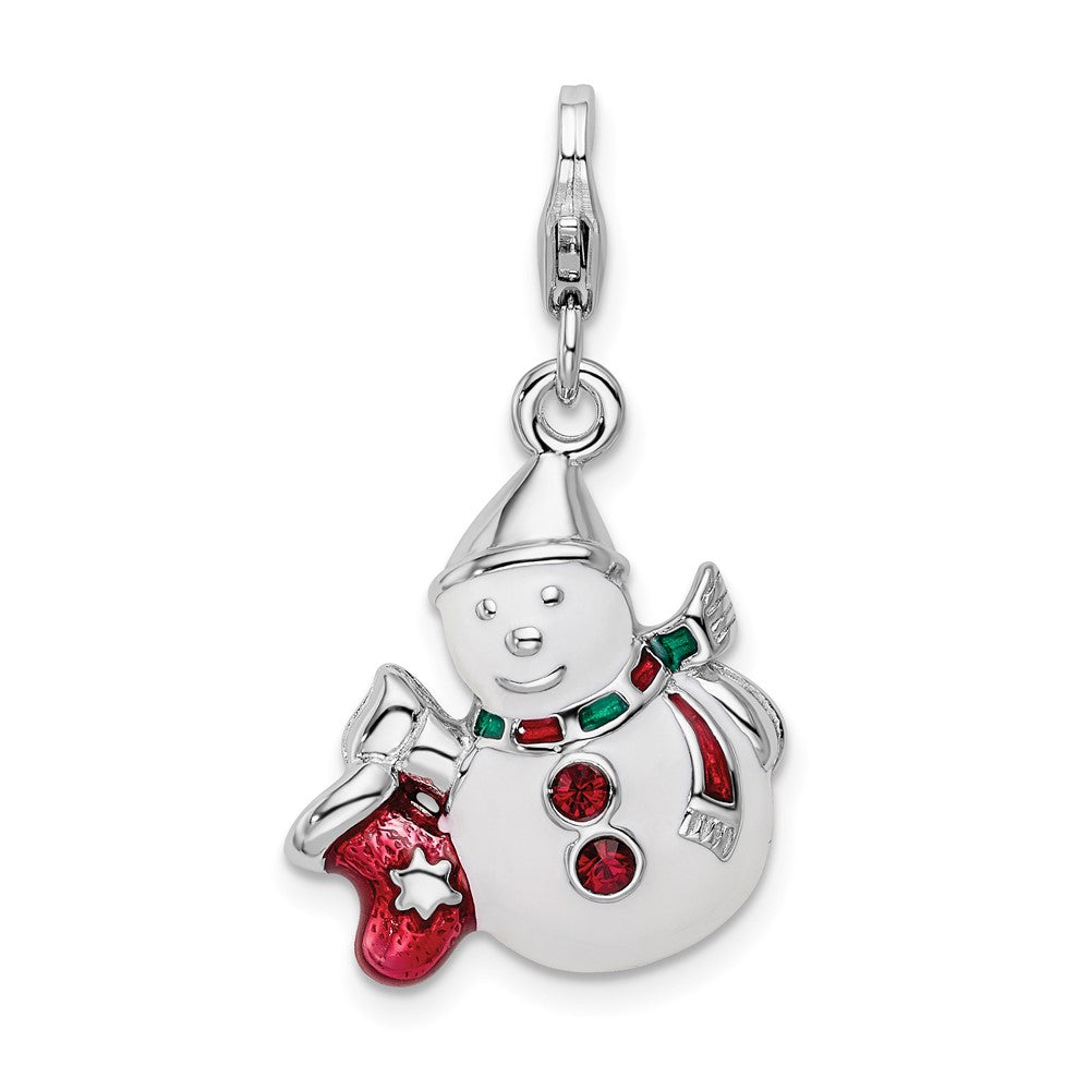 Amore La Vita Sterling Silver Rhodium-plated Polished 3-D Enameled with Crystal Snowman Charm with Fancy Lobster Clasp, 38 x 16 mm