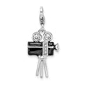 Amore La Vita Sterling Silver Rhodium-plated Polished 3-D Enameled Swarovski Crystal Movie Camera Charm with Fancy Lobster Clasp, 38 x 13 mm