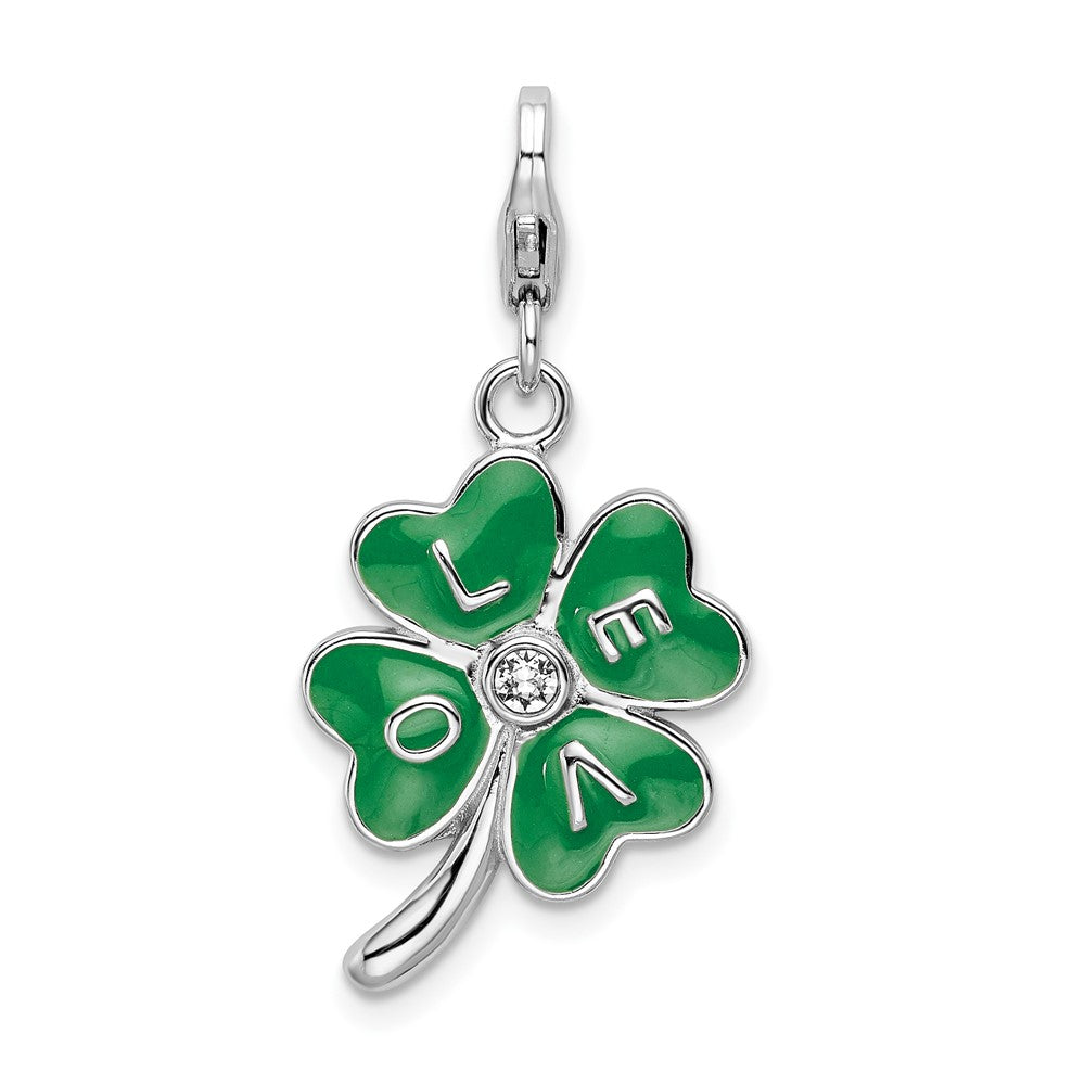 Amore La Vita Sterling Silver Rhodium-plated Polished 3-D Green Enameled 4 Leaf Clover and Clear Crystal LOVE Charm with Fancy Lobster Clasp, 31 x 13 mm