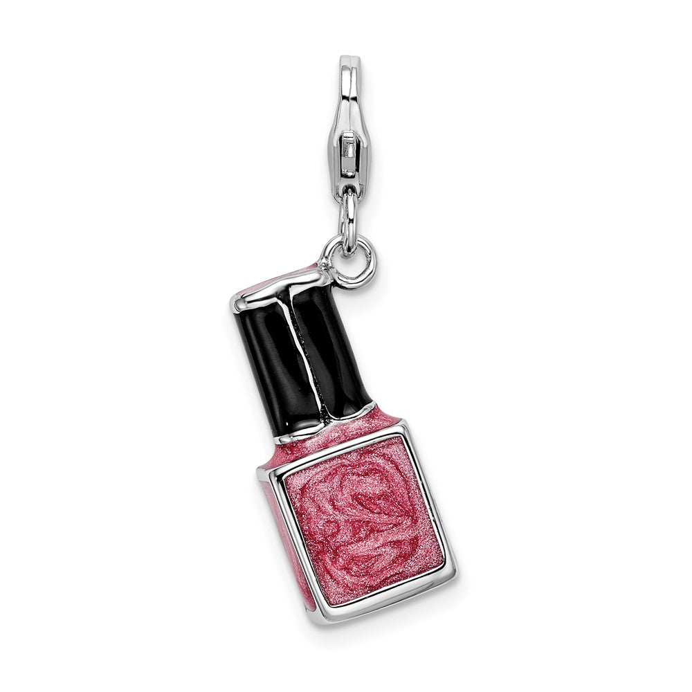 Amore La Vita Sterling Silver Rhodium-plated Polished 3-D Enameled Pink Nail Polish Bottle Charm with Fancy Lobster Clasp, 39 x 16 mm