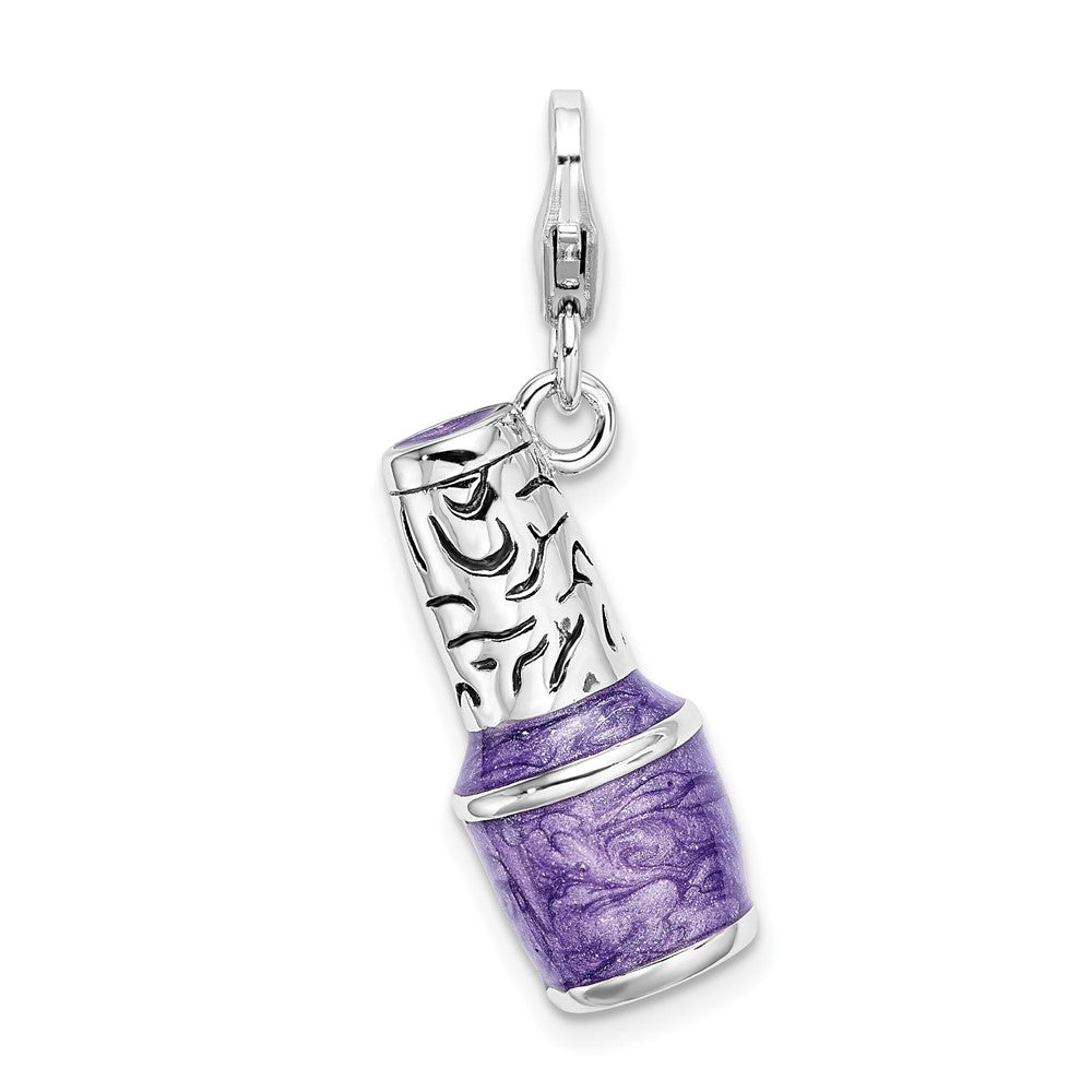 Amore La Vita Sterling Silver Rhodium-plated Polished 3-D Enameled Purple Nail Polish Bottle Charm with Fancy Lobster Clasp, 39 x 9 mm