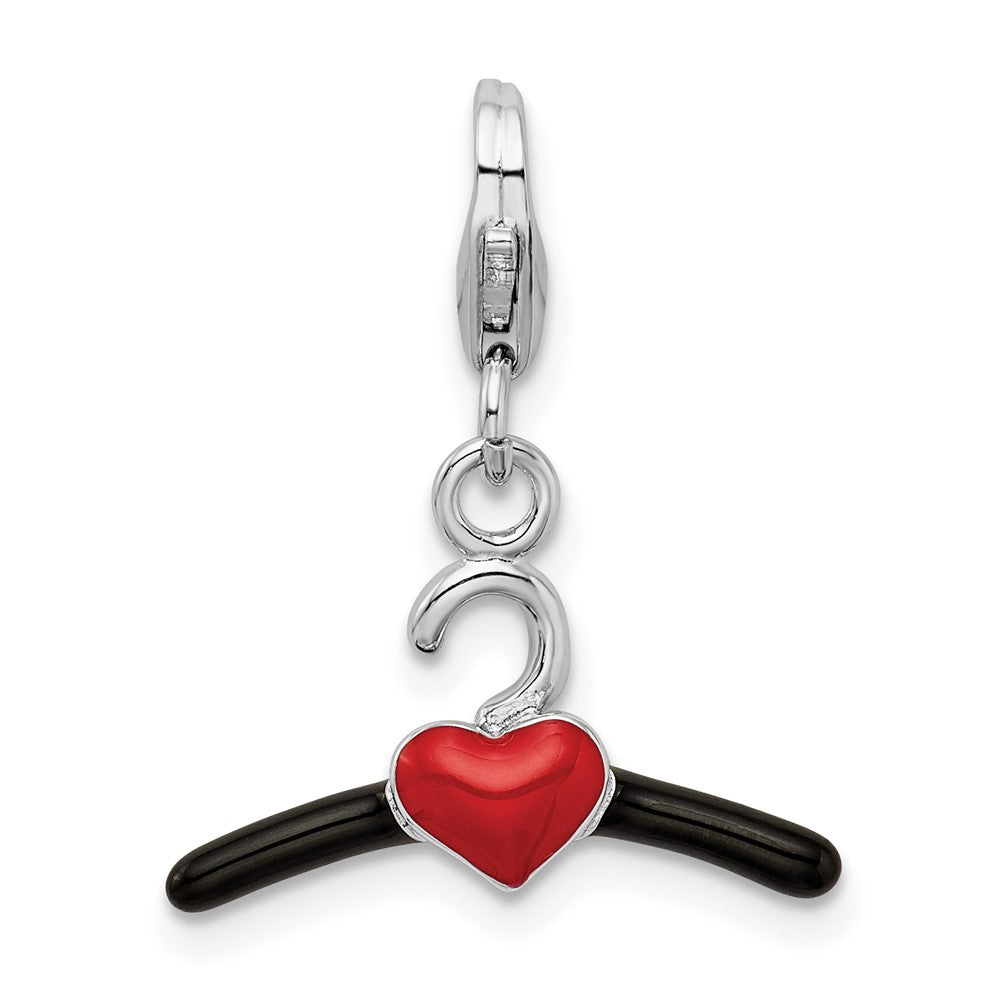 Amore La Vita Sterling Silver Rhodium-plated Polished 3-D Black and Red Enameled Heart Hanger Charm with Fancy Lobster Clasp, 31 x 18 mm