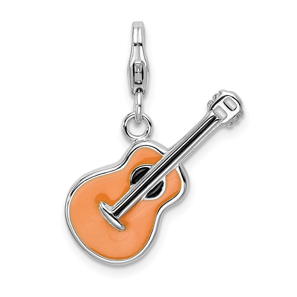 Amore La Vita Sterling Silver Rhodium-plated Polished 3-D Enameled Guitar Charm with Fancy Lobster Clasp, 33 x 22 mm