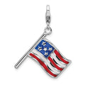 Amore La Vita Sterling Silver Rhodium-plated Polished Reversible Enameled American Flag Charm with Fancy Lobster Clasp, 41 x 16 mm