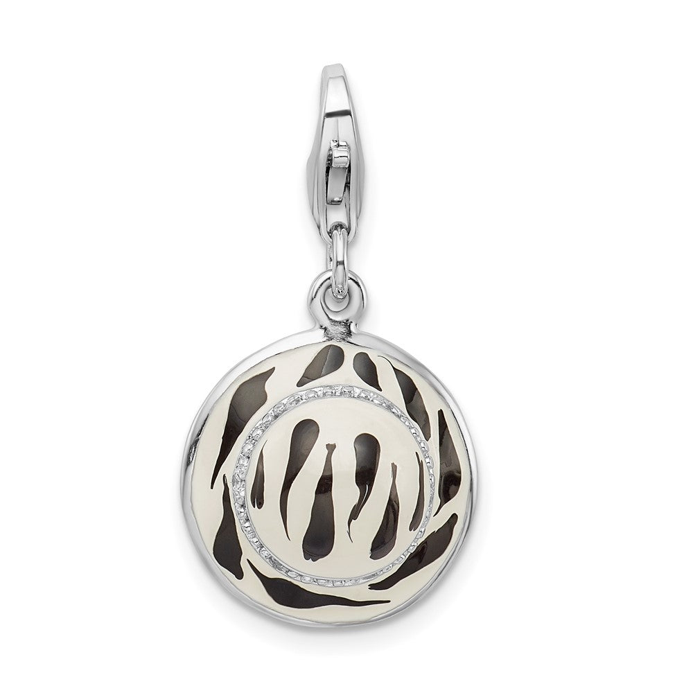 Amore La Vita Sterling Silver Rhodium-plated Polished 3-D CZ Enameled Zebra Hat Charm with Fancy Lobster Clasp, 36 x 15 mm