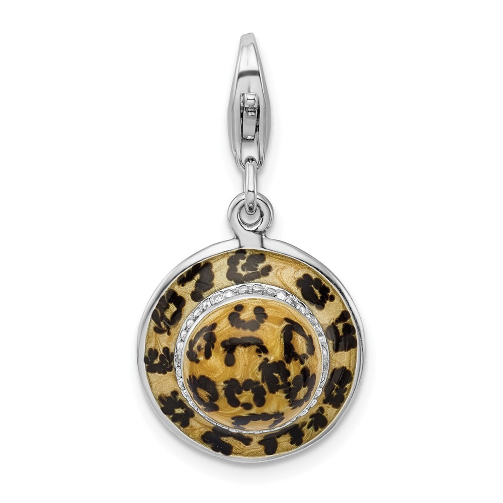 Amore La Vita Sterling Silver Rhodium-plated Polished 3-D CZ Enameled Leopard Hat Charm with Fancy Lobster Clasp, 15 x 15 mm