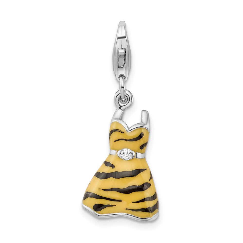 Amore La Vita Sterling Silver Rhodium-plated Polished 3-D CZ Enameled Tiger Dress Charm with Fancy Lobster Clasp, 40 x 12 mm