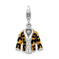 Amore La Vita Sterling Silver Rhodium-plated Polished 3-D CZ Enameled Leopard Jacket Charm with Fancy Lobster Clasp, 35 x 16 mm