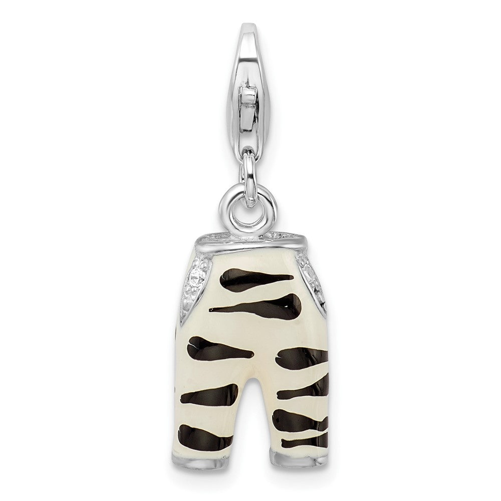 Amore La Vita Sterling Silver Rhodium-plated Polished 3-D CZ Enameled Zebra Pants Charm with Fancy Lobster Clasp, 37 x 10 mm