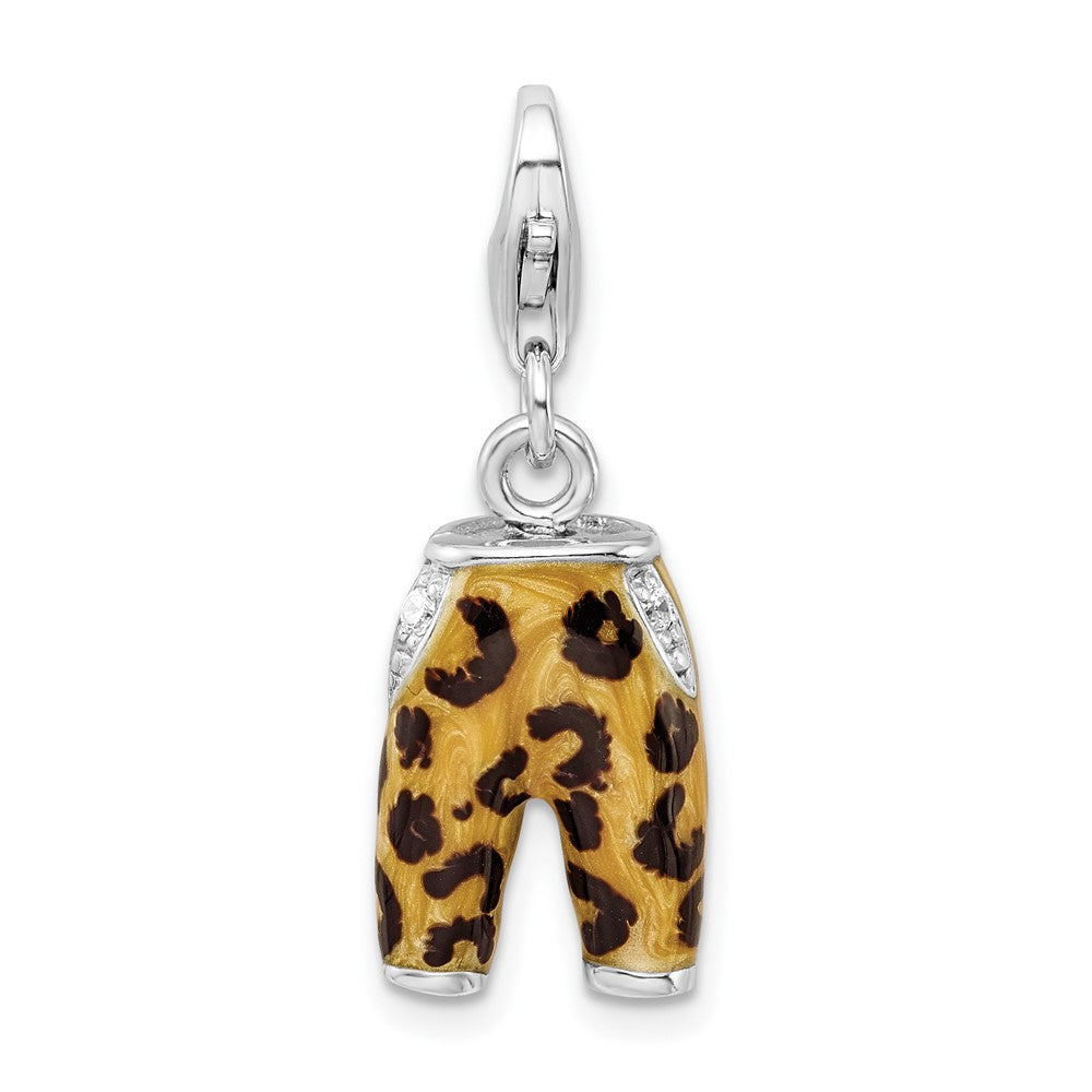 Amore La Vita Sterling Silver Rhodium-plated Polished 3-D CZ Enameled Leopard Pants Charm with Fancy Lobster Clasp, 15 x 10 mm