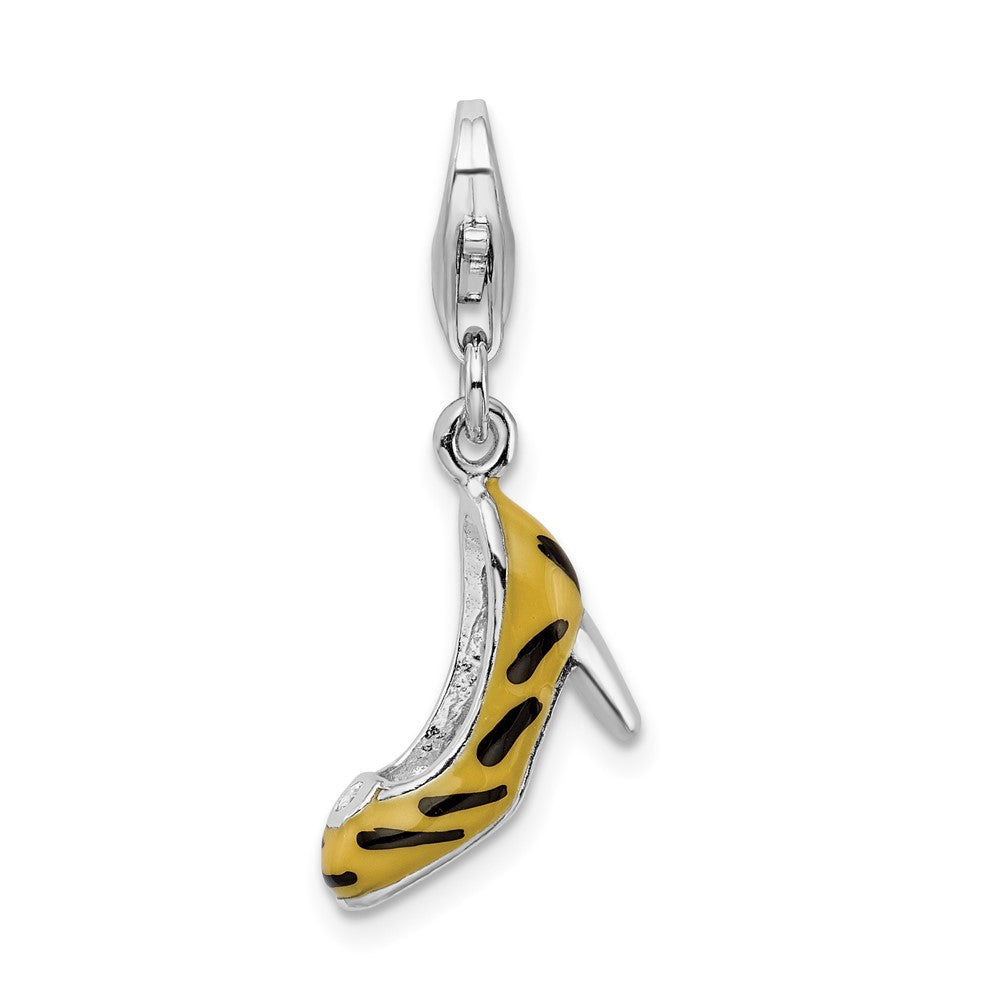 Amore La Vita Sterling Silver Rhodium-plated Polished 3-D CZ Enameled Tiger High Heel Charm with Fancy Lobster Clasp, 36 x 12 mm