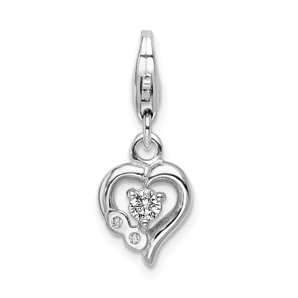 Amore La Vita Sterling Silver Rhodium-plated Polished CZ Heart Charm with Fancy Lobster Clasp, 31 x 9 mm