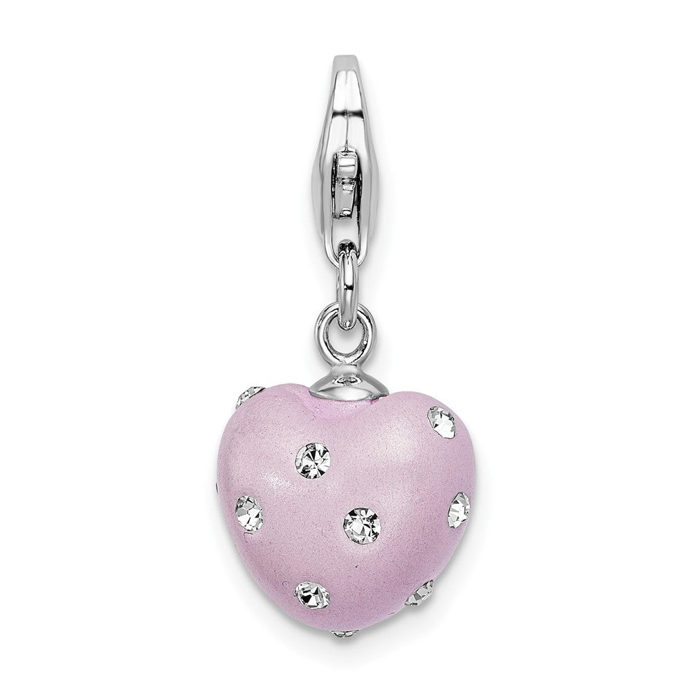 Amore La Vita Sterling Silver Rhodium-plated Polished 3-D Purple Ferido Stellux Crystal Heart Charm with Fancy Lobster Clasp, 32 x 12 mm